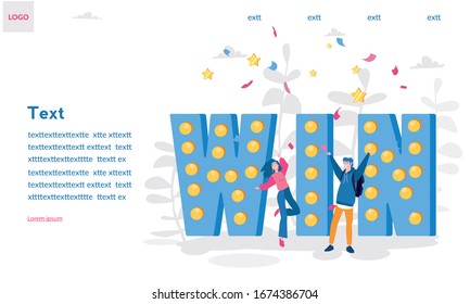 Big win word, happy people Celebrating  winning on falling down confetti background. Winning Vector illustration for web banner, infographics, mobile. promotion advertising.