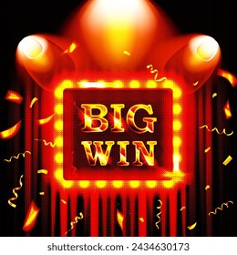 Big Win word on banner with red curtains Vector illustration