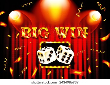 Big Win word on banner with red curtains Vector illustration