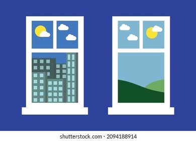 Big window with beautiful scenery outside. Two windows vector illustration. Window with city view. Window with nature view. 