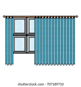 big window with blue dark curtain in color crayon silhouette on white background vector illustration