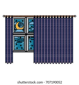 big window with blue dark curtain and night landscape in color crayon silhouette on white background vector illustration