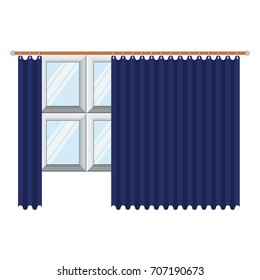 big window with blue dark curtain in colorful silhouette on white background vector illustration