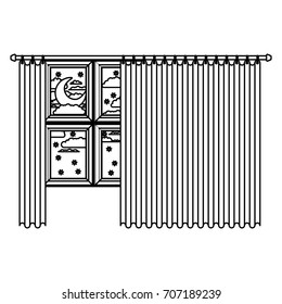 big window with curtain and night landscape sketch silhouette on white background vector illustration