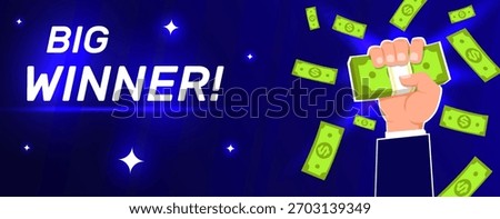 Big winner. Banner with hand holding stack of paper banknotes. Celebrating jackpot win in sports betting. Casino gambling. Money rain. Gambler arm. Dollar currency. Victory bingo. Vector background
