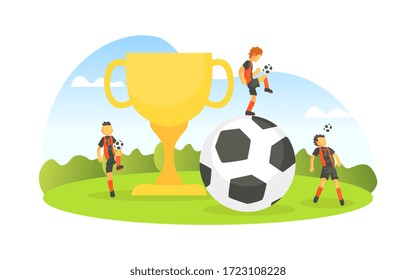 Big Winner Cup and Soccer Ball, Tiny Soccer Players Kicking Ball at the Soccer Field Vector Illustration