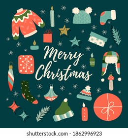 Big winter, christmas and new year set with presents, sweaters, hats, socks, toys, spruce branches, candles, stars and lettering. Vector illustration in cute cartoon style.