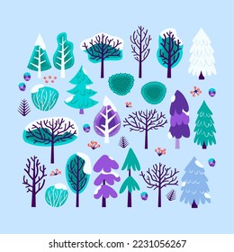 Big Winter Christmas Tree Set. Vector Illustration of Nature Plants and Bushes.