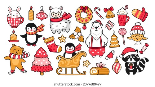 Big winter collection of cute cartoon animals. Llama, polar bear, bunny on skates, penguin on sleds, chicken, raccoon. Set of christmas stickers, prints, vector isolated illustration.