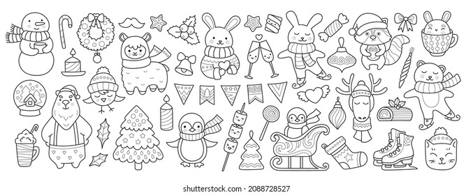 Big winter collection of cute cartoon animals. Llama, polar bear, ice skating bunny, penguin on sleigh, raccoon. Set of outline vector isolated illustration for coloring book, prints, tattoo.