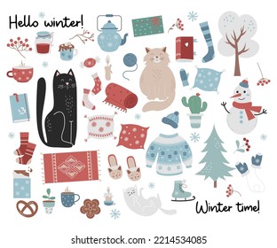 Big winter cozy collection of seasonal items, food, cute cats, trees, clothes, gifts, pillows, skates and decor. Vector illustration. isolated colored elements in flat style for design and decor.