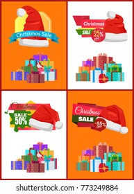 Big winter holiday discount for Christmas promotional posters with Santa hats and gift boxes with bows in heaps cartoon vector illustrations set.