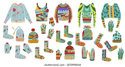 Big winter knitting handmade clothes set with bright pattern, wardrobe. Warm hat, socks, gloves and sweater or pullover. Vector stock illustration in cartoon style.