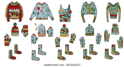 Big winter knitting handmade clothes set with bright pattern, wardrobe. Warm hat, socks, gloves and sweater or pullover. Vector stock illustration in cartoon style.