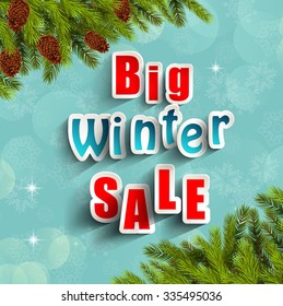 Big winter sale background banner and christmas tree. vector