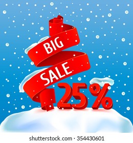 BIG Winter sale background with red ribbon banner and snowflakes