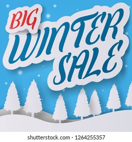 Big Winter Sale Banner, poster, flyer template. snowflakes, tree, ice in Paper cut. Origami Wintertime Decoration background. Seasonal holidays retail promotion. Snowfall. Blue. vector illustration