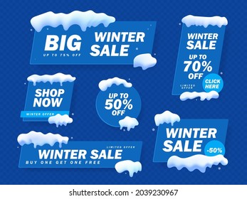 Big Winter sale banner set. Blue banner with snow cap on winter background with snow and snowflakes. Winter Offer, Big Sale, Shop Now. Vector illustration.