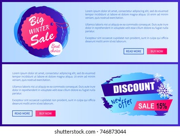 Big winter sale best choice, new offer 15%, web pages collections with additional information, images and buttons vector illustration