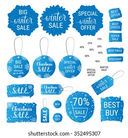 Big winter sale, Christmas sale, special winter offer, best price blue gradient banners, labels, tags, shapes with hand lettering. Vector collection of paint brush strokes. Hand drawn design set. 