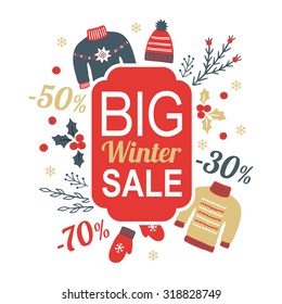 Big winter sale design template with discount, poinsettia, branches, woolen hat, sweater, mittens and snowflakes in Red, Grey and Gold. Perfect for prints and banners 