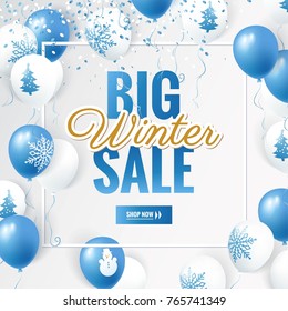 Big winter sale design template. Holiday winter background with white and blue balloons. Vector illustration