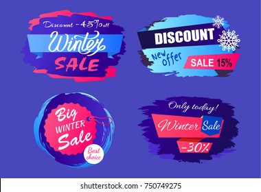 Big winter sale discount - 45% off new offer -15% only today -30% hanging round tag set of labels with brush strokes vector isolated on blue background