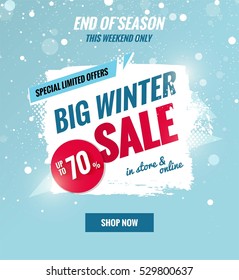 Big winter sale dynamic banner.Snowy sale poster with brush strokes.    Vector illustration.