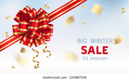 Big winter sale. Winter holiday design template. Blue background with red bow on the corner of page. Vector illustration