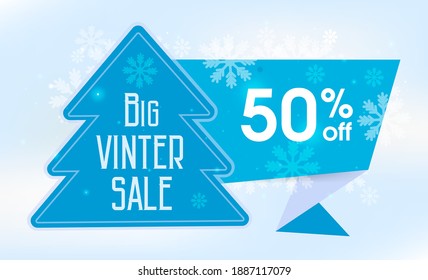 Big winter sale. Horizontal banner with a beautiful light background. Christmas tree with an abstract elements, in blue tones