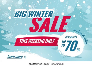 Big winter sale horizontal banner. Snowy background with winter landscape. Vector illustration