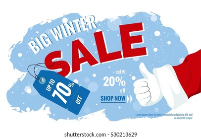 Big winter sale horizontal banner. Snowy background with Santa Claus Thumb up gesture. Vector illustration