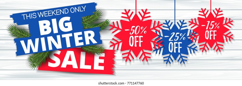 Big winter sale offer, banner template. Colored paper origami snowflake with lettering, isolated on wooden background. After Christmas sale tags. Shop market poster design. Vector illustration EPS 10