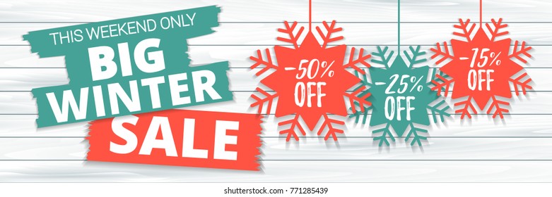 Big winter sale offer, banner template. Colored paper origami snowflake with lettering, isolated on wooden background. After Christmas sale tags. Shop market poster design. Vector illustration EPS 10