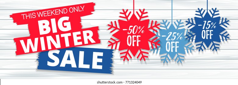 Big winter sale offer, banner template. Colored paper origami snowflake with lettering, isolated on wooden background. After Christmas sale tags. Shop market poster design. Vector illustration EPS 10