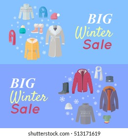 Big winter sale. Winter outerwear sale web banner poster. Winter old collection sale. Discount on stylish fashionable designers clothes. Best world brands trends at low price. Christmas sale. Vector