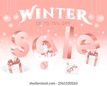 Big WINTER Sale. Big pink metal 3D letters SAIL in snowdrifts with gift boxes and balls with 30 and 50% discount. Up to 70% off, banner template with Christmas and holiday elements. Light pink snow