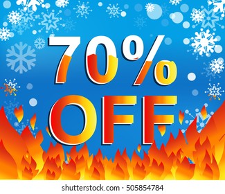 Big winter sale poster with 70 PERCENT OFF text. Advertising blue and red vector banner template