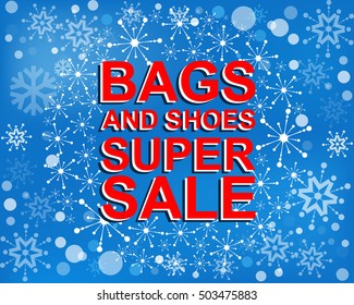 Big winter sale poster with BAGS AND SHOES SUPER SALE text. Advertising blue and red vector banner template