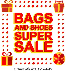 Big winter sale poster with BAGS AND SHOES SUPER SALE text. Advertising vector banner template