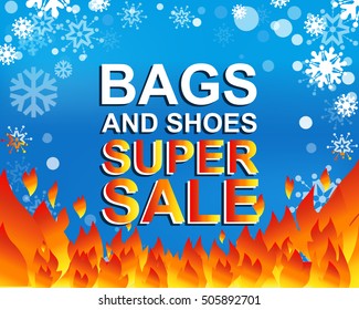 Big winter sale poster with BAGS AND SHOES SUPER SALE text. Advertising blue and red vector banner template
