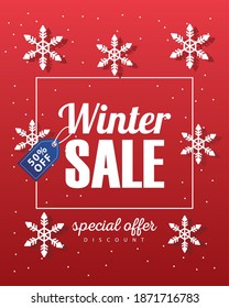 big winter sale poster with blue tag hanging and snowflakes vector illustration design