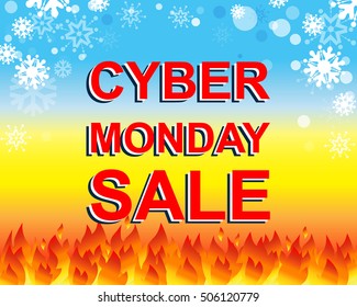 Big winter sale poster with CYBER MONDAY SALE text. Advertising blue and red vector banner template