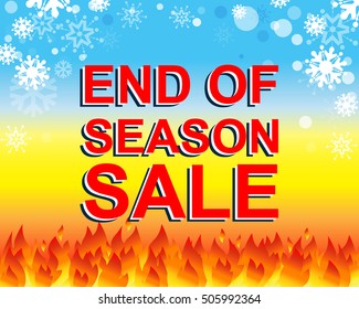 Big winter sale poster with END OF SEASON SALE text. Advertising blue and red vector banner template