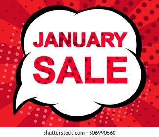 Big winter sale poster with JANUARY SALE text. Advertising blue and red vector banner template. Pop art style