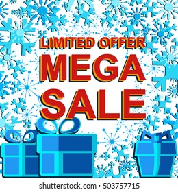 Big winter sale poster with LIMITED OFFER MEGA SALE text. Advertising blue and red vector banner template