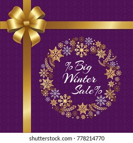 Big winter sale poster with percent sign, decorative frame made of silver golden snowflakes, snowballs of gold in x-mas concept vector and gift bow