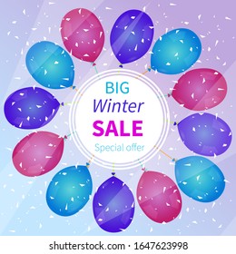 Big Winter Sale poster with red, violet, blue balloons. Vector illustration.