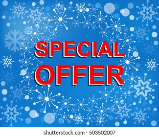 Big winter sale poster with SPECIAL OFFER SALE text. Advertising blue and red vector banner template