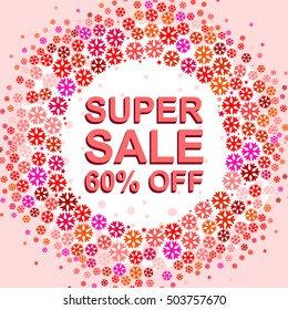 Big winter sale poster with SUPER SALE 60 PERCENT OFF text. Advertising blue and red vector banner template